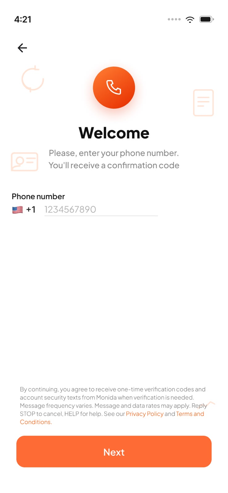 Monida app registration screen showing the SMS opt-in disclosure above the Next button